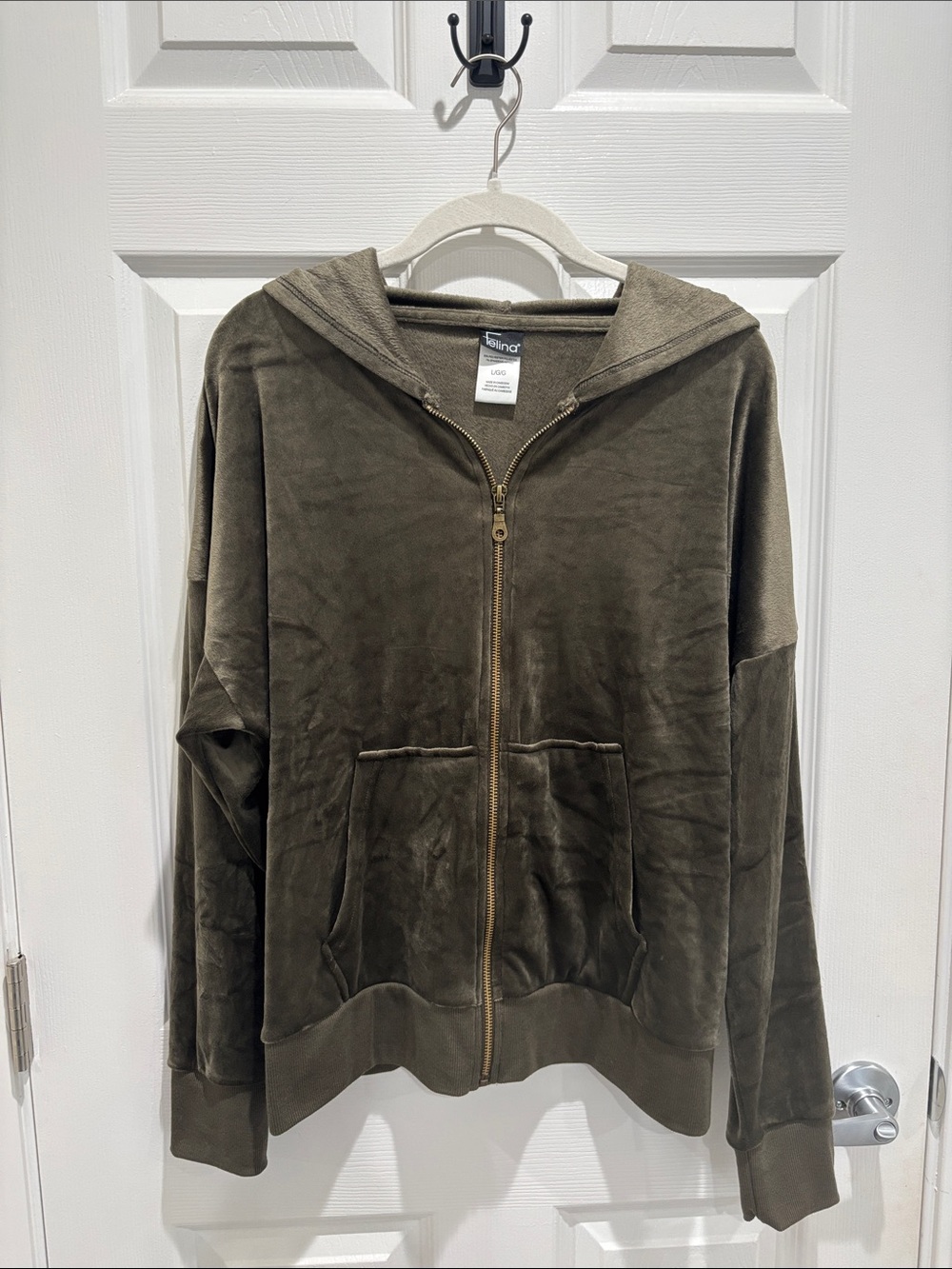Felina Velour Olive Green Hooded Track Jacket Zip Front Size L Front Pocket Soft
